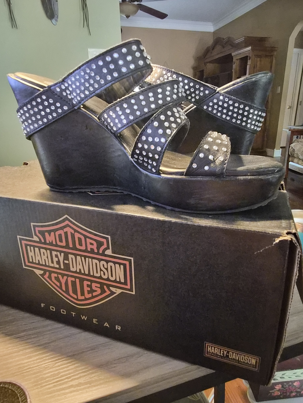 Vintage Harley-Davidson Women's Black Studded Wedge Sandals